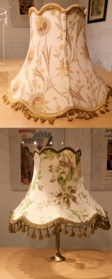 Before and after photos of a re-covered lampshade