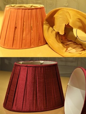 A pair of box pleated lampshades, before and after re-covering