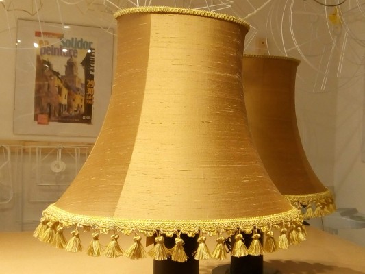 Traditional oval lampshade. Hand-sewn, plain outer and contrast trim